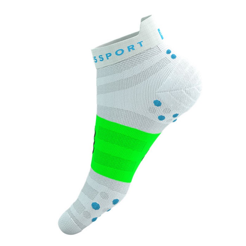 MEIAS PRO RACING SOCKS V4.0 ULTRALIGHT RUN LOW WHITE/NORSEBLUE/NEON GREEN